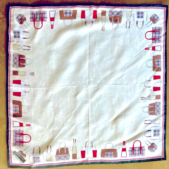 Burberry Scarf w/pattern of Burberry Bags, white/red/black, EUC - Picture 7 of 11